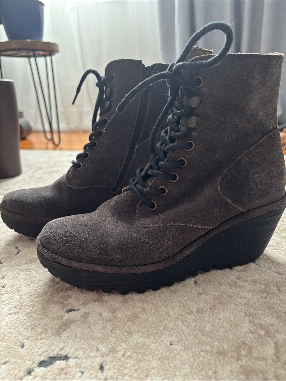 Fly London Dark Gray Suede Wedge Lace-Up Ankle Boots